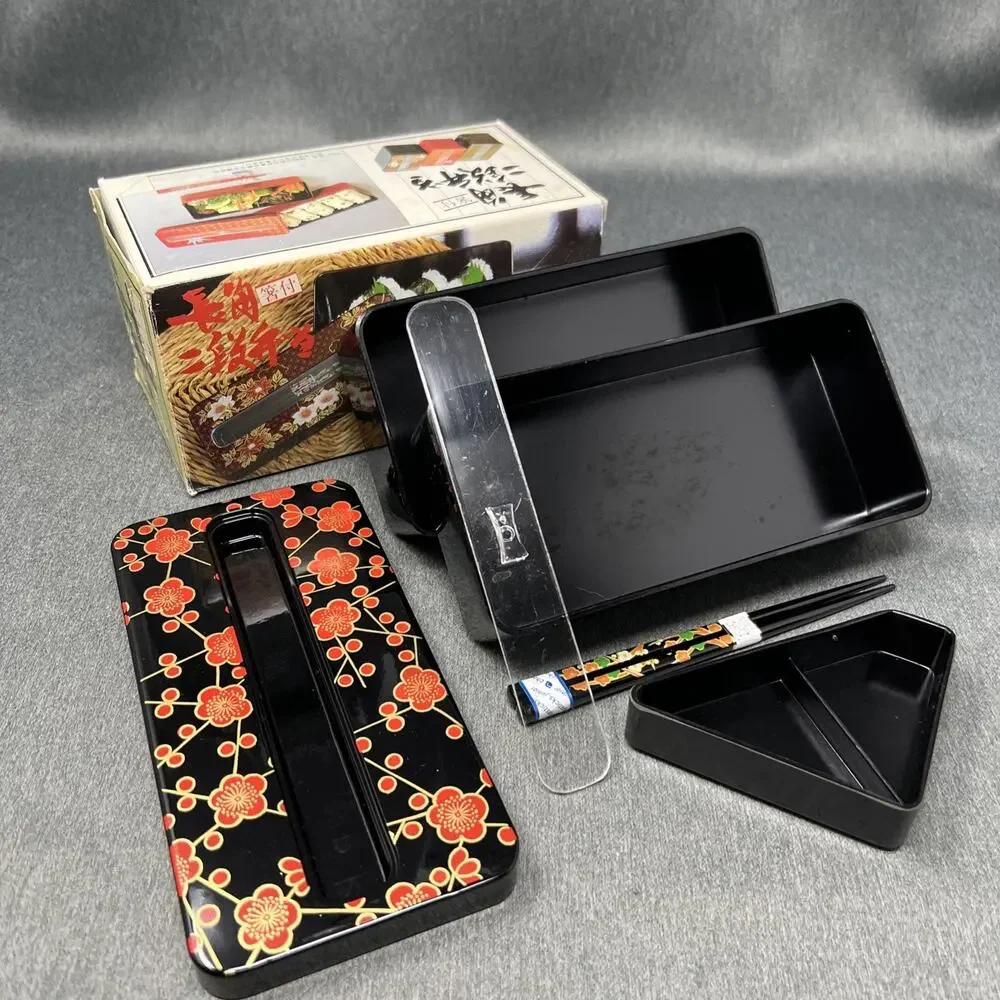 Vintage Japanese 2 Tier Bento Box Lacquerware Black Red Floral with Chopsticks